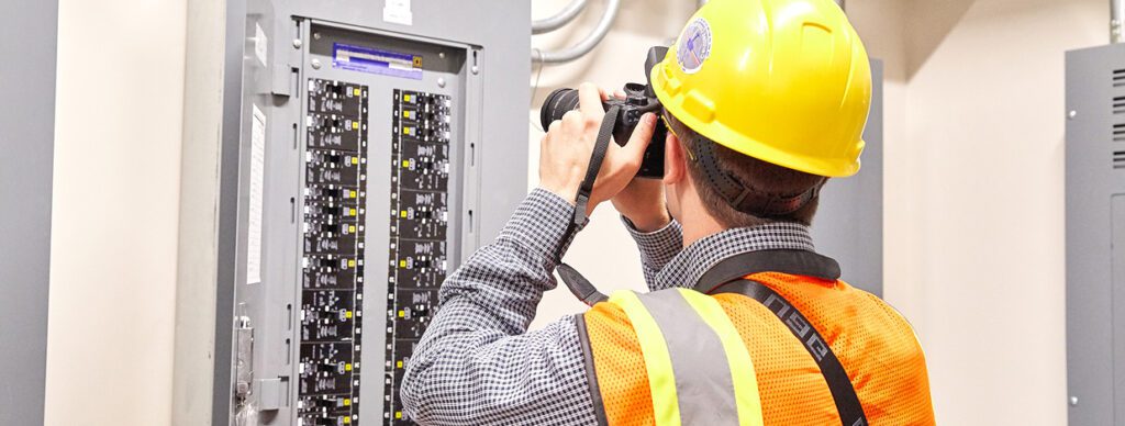 Construction worker wearing a yellow hard hat and safety vest inspecting an electrical panel with a camera.