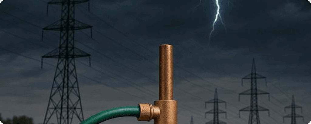 Grounding rod with green wire in front of power lines and lightning strike, illustrating electrical grounding and lightning protection systems