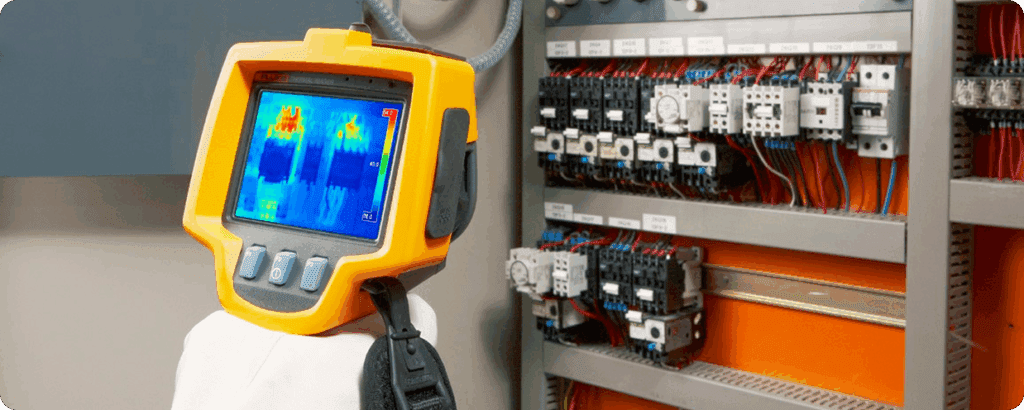 Thermal imaging camera performing an infrared electrical survey on a control panel to detect overheating components and prevent failures