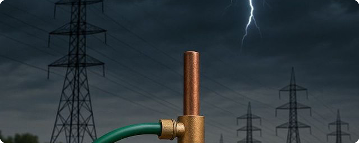 Grounding rod with green wire in front of power lines and lightning strike, illustrating electrical grounding and lightning protection systems