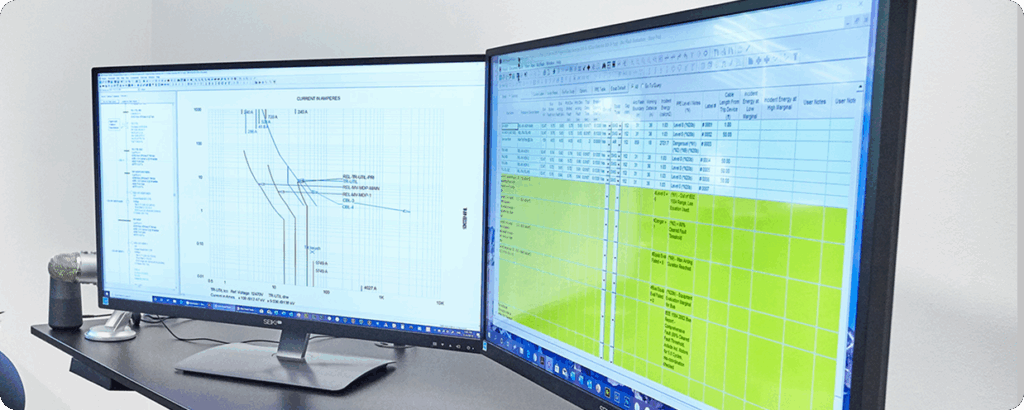 Dual computer monitors displaying electrical engineering data and arc flash analysis spreadsheets in a professional office environment.