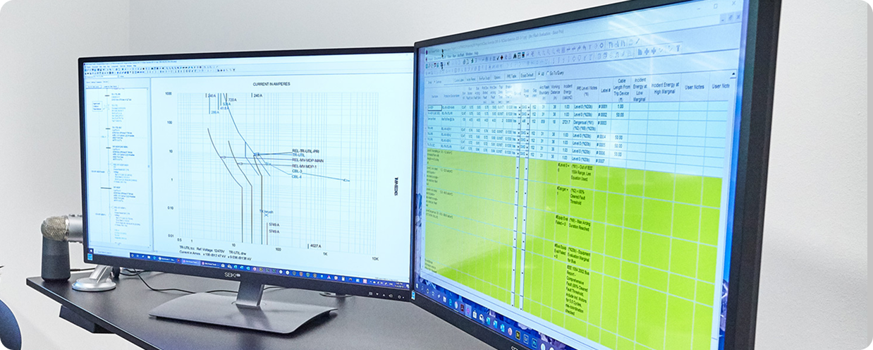 Dual computer monitors displaying electrical engineering data and arc flash analysis spreadsheets in a professional office environment.